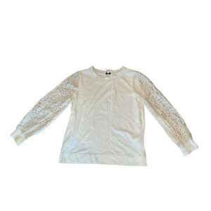 Rose Olive Nuisak Blouse Women L White Crew Neck Banded Cuff & Hem Sheer Sleeve